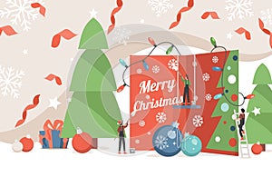 Merry Christmas banner template. Little people decorating invitation card vector flat illustration.