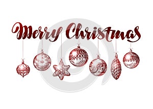 Merry Christmas banner. Vintage xmas decoration sketch vector illustration