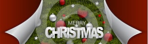 Merry Christmas banner or website header. Fir tree branches with decor - glass balls and glowing lights garland unter peeling off