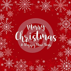 Merry christmas banner - white red frame with abstract line snow sign on red background vector design