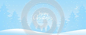 Merry christmas banner, winter card with forest wish lettering, winter forest christmas background. Festive template for