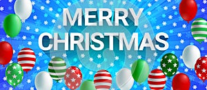 Merry Christmas banner winter season with colorful balloon and snowflake on blue background