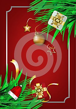 Merry Christmas banner, Xmas Party with gifts box, green pine branches,  Vertical Christmas posters, greeting cards, headers,
