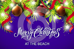 Merry Christmas at the beach with exotic tropical leaves