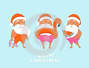 Merry Christmas at the beach. Summer Santa characters. Tropical Christmas and Happy New Year