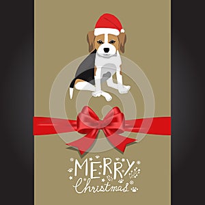 Merry christmas Beagle dogs in the red hat hand lettering vector