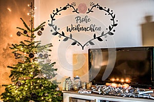 Merry Christmas beautiful living room tree setup aith gifts decorated at home textspace saying merry christmas in German