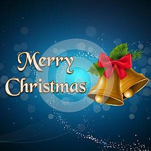 Merry Christmas Bell With Typography Text On Shiny Bokeh Lights Background.