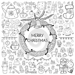 Merry Christmas big hand drawn doodle set - all elements, decorations and characters. Outline vector illustration