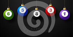 Merry Christmas billiard greeting card. Hang on a thread billiard ball as a Christmas ball on black horizontal background. Sport