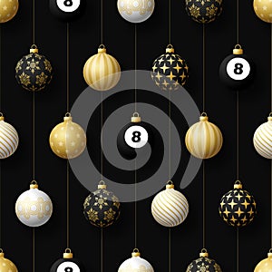 Merry Christmas billiard seamless pattern. Hang on a thread realistic billiard pool ball as a Christmas ball on black horizontal