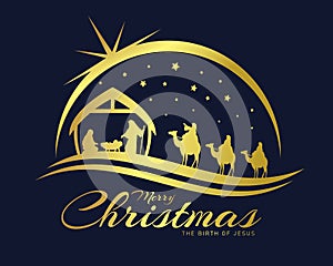 Merry christmas the birth of jesus banner with gold Nativity of Jesus scene and Three wise men go for the star of Bethlehem vector photo