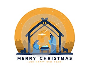 Merry christmas - the birth of jesus banner with Nightly christmas scenery mary and joseph in a manger with baby Jesus in circle