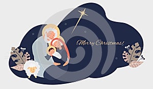 Merry Christmas. Birth of the Savior Christ. Virgin Mary, Joseph and baby Jesus, the star of Bethlehem and sheep on a blue