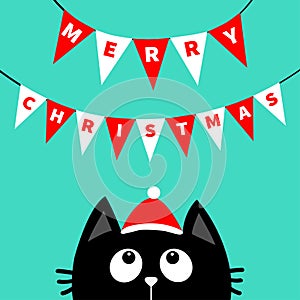 Merry Christmas. Black cat face head silhouette looking up to Bunting flags letters. Flag garland. Santa hat. Party decoration