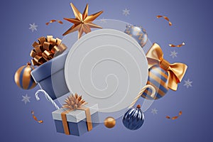 Merry Christmas. Blank white circle with gift box and balloon decorations on a blue nova background. 3D rendering