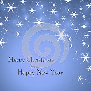 Merry Christmas blue background with text. Stars, white winter snowflakes. Light xmas card. Happy New Year celebration
