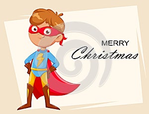 Merry Christmas. Boy in superhero costume