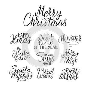 Merry Christmas lettering typography. Handwriting text design with winter handdrawn lettering. Happy New Year greeting