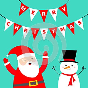 Merry Christmas bunting flags letters set.Triangle flag garland. Xmas decoration. Snowman. Santa Claus. Cute cartoon kawaii funny
