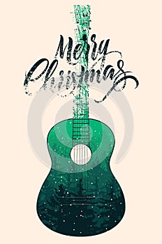 Merry Christmas. Calligraphic grunge Christmas card or poster design with winter forest landscape inside silhouette acoustic guita