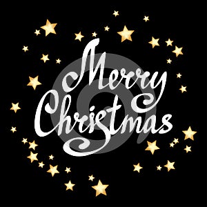 Merry Christmas calligraphic lettering with stars. Vector card