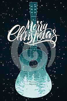 Merry Christmas. Calligraphic retro Christmas card or poster design with forest winter landscape inside silhouette acoustic guitar