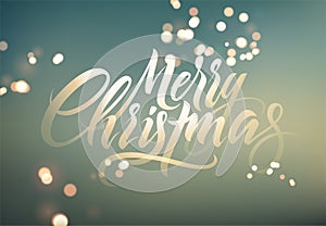 Merry Christmas. Calligraphic retro Christmas greeting card design on blurry background. Vector illustration. Eps 10.