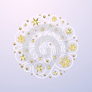 Merry Christmas calligraphy lettering and golden snowflake pattern decoration on white background for Xmas greeting card design. V