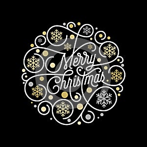 Merry Christmas calligraphy lettering and golden snowflake pattern on white background for Xmas greeting card design. Vector golde