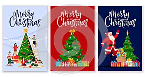 Merry Christmas calligraphy lettering greeting gift cards. Vector illustration. Poster, banner design template