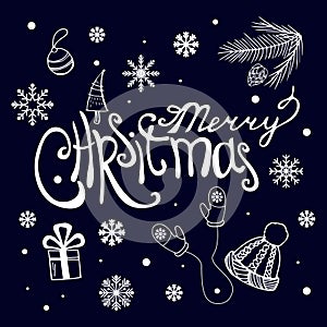Merry Christmas calligraphy lettering isolated on dark blue web background with holiday elements - Vector