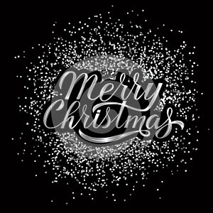 Merry Christmas calligraphy lettering silver textured background. 3d hand lettering. Holidays party disco typography poster.
