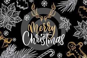 Merry Christmas calligraphy lettering. Vintage banner, poster, greeting card design. Chalk sketch vector illustration