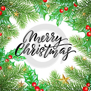 Merry Christmas calligraphy lettering and Xmas holiday decoration background design. Vector New Year greeting card of Christmas or