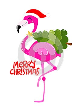 Merry Christmas - Calligraphy phrase for Christmas with cute flamingo girl.