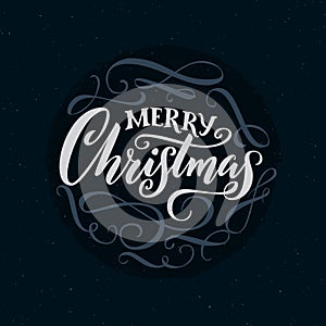 Merry Christmas calligraphy words with swashes. Ornate typography for cards.