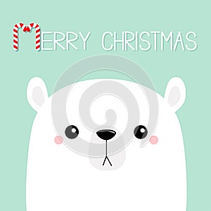 Merry Christmas. Candycane. Polar white bear cub sad face. Happy New Year. Cute cartoon baby character. Arctic animal. Hello