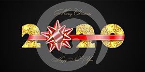 Merry Christmas card. 3D gift bow, ribbon, gold number 2020 isolated black background. Golden texture glitter design
