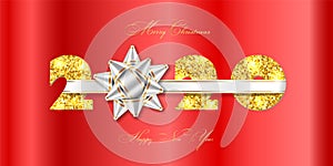 Merry Christmas card. 3D gift bow, white ribbon, gold number 2020 isolated red background. Golden texture glitter design