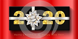 Merry Christmas card. 3D gift box, ribbon bow, gold number 2020 isolated red background. Golden texture glitter design