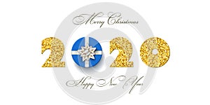 Merry Christmas card. 3D gift box, ribbon bow, gold number 2020 isolated white background. Golden holiday glitter design