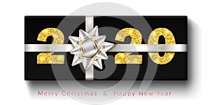 Merry Christmas card. 3D gift box, ribbon bow, gold number 2020 isolated white background. Golden texture glitter design