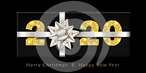 Merry Christmas card. 3D gift box, white ribbon bow, gold number 2020 isolated black background. Golden texture design