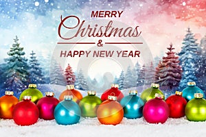Merry Christmas card with balls baubles and winter forest background decoration