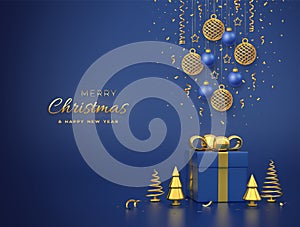 Merry christmas card, banner with hanging shining gold and blue balls, golden stars, confetti on blue background. Gift box and