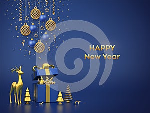 Merry christmas card, banner with hanging shining gold, blue balls, golden stars, confetti on blue background. Gift box, deer,