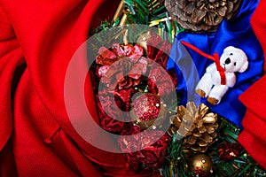 merry Christmas card, Believe in the magic of Christmas, Handmade craft xmas wreath and red scarf with bear