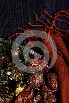 merry Christmas card, Believe in the magic of Christmas, Handmade craft xmas wreath and red scarf with squirrel