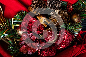 merry Christmas card, Believe in the magic of Christmas, Handmade craft xmas wreath and red scarf with squirrel